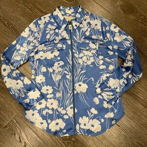 Michael Kors Blue and White Floral Zip-Up Shirt